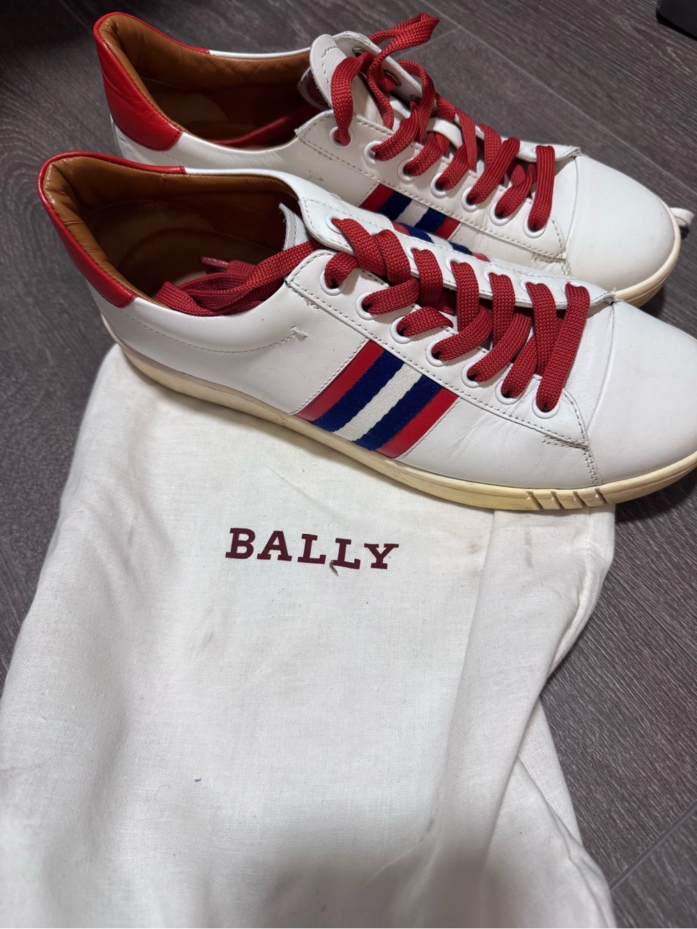 Bally White Leather Sneakers with Red Laces & Red/Blue Stripe